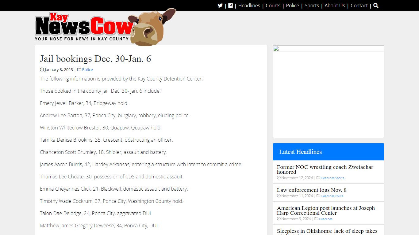 Jail bookings Dec. 30-Jan. 6 - Kay NewsCow